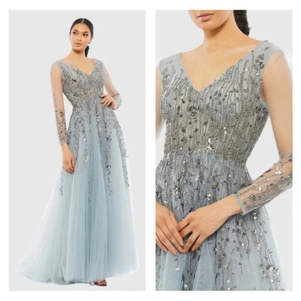 Mac Duggal 20295 Size 18 Light Blue Embellished V-Neck Long Sleeve A-Line Gown